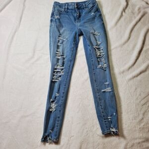 American Eagle Outfitters Jeans Womens Size 0 Blue Distressed Stretch Mid Rise